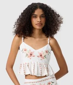 Blusa Cropped Peplum em Viscolinho Floral com Alças Finas