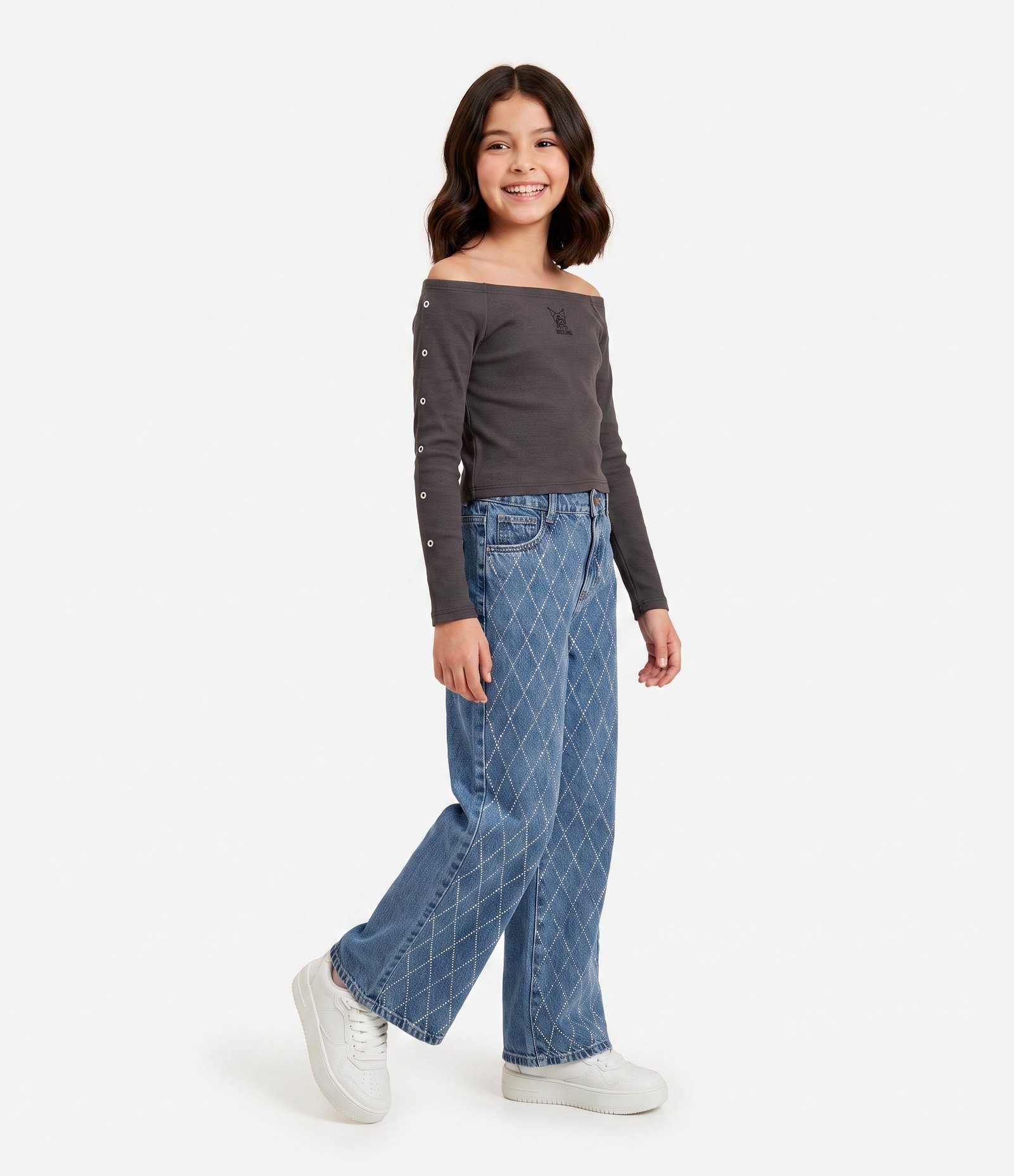 Calça Wide Infantil em Jeans com Aplicação Geométrica - Tam 5 a 16 Anos Azul Médio 1