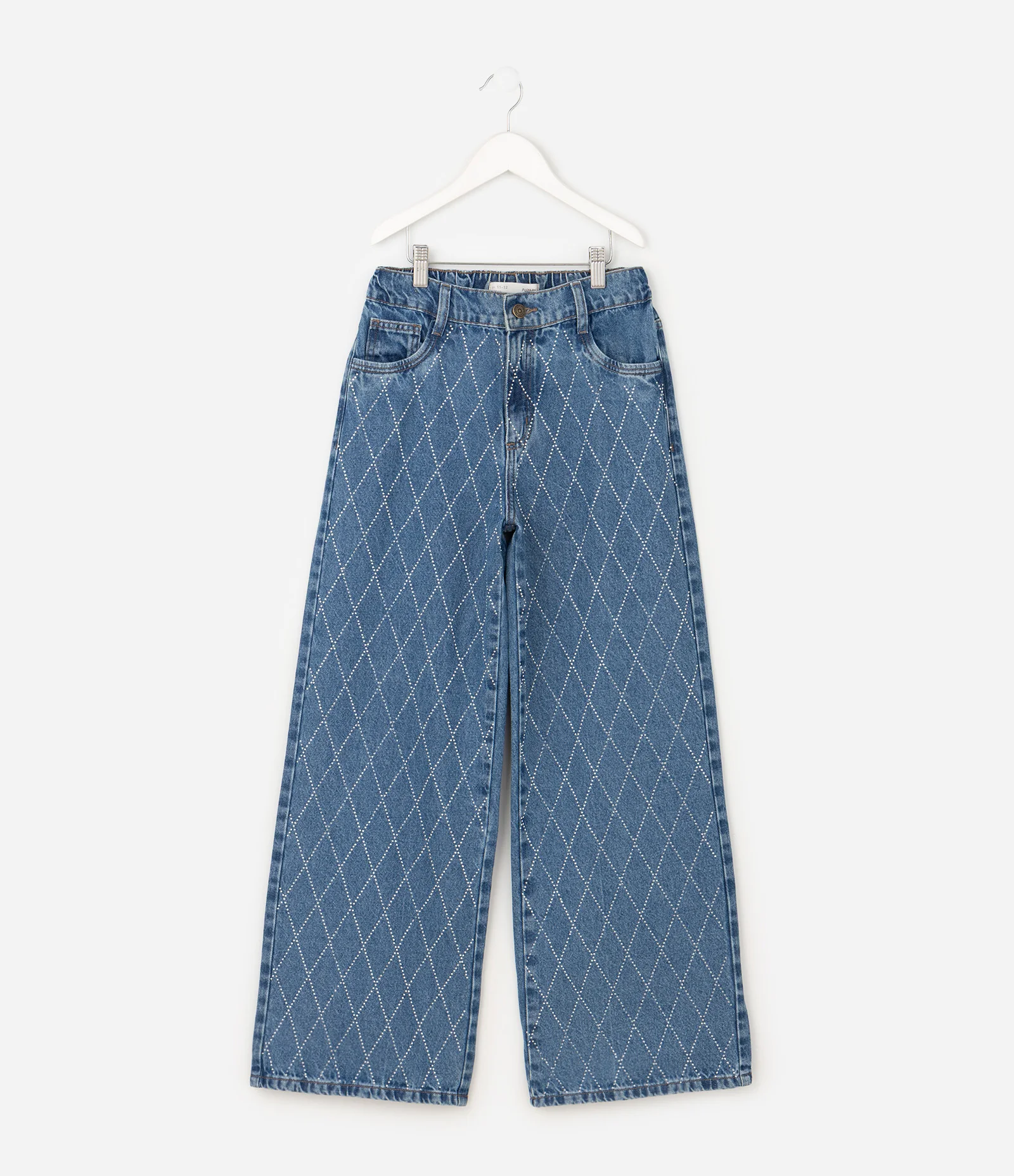 Calça Wide Infantil em Jeans com Aplicação Geométrica - Tam 5 a 16 Anos Azul Médio 1