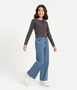 Calça Wide Infantil em Jeans com Aplicação Geométrica - Tam 5 a 16 Anos