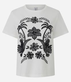 Camiseta Manga Curta em Algodão com Estampa Flocada Floral
