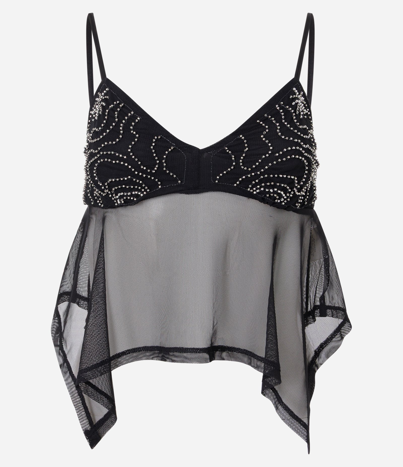 Top Assimétrico em Tule Bordado com Aplicações de Miçangas Preto 1