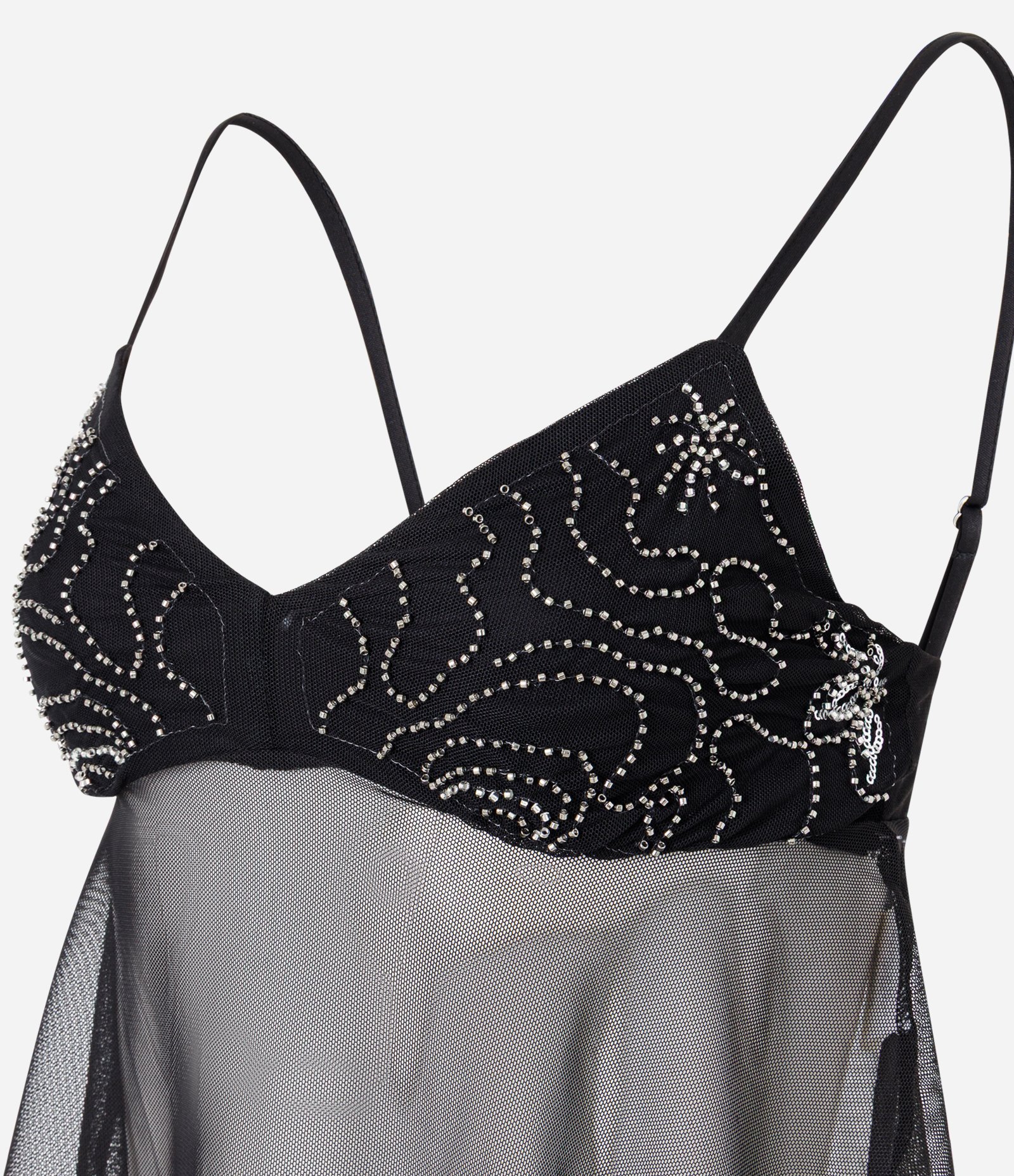 Top Assimétrico em Tule Bordado com Aplicações de Miçangas Preto 2