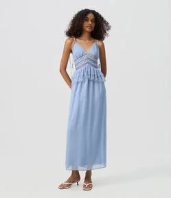 Vestido Longo em Chiffon com Renda e Alças para Amarração