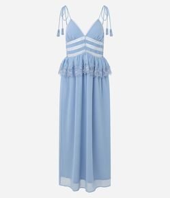 Vestido Longo em Chiffon com Renda e Alças para Amarração