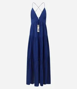 Vestido Longo Evasê com Aviamentos de Conchas e Costas Transpassadas