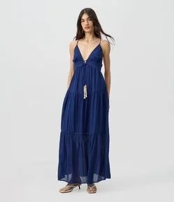 Vestido Longo Evasê com Aviamentos de Conchas e Costas Transpassadas