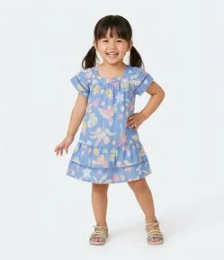 Vestido Infantil Evasê em Tricoline com Estampa Tropical - Tam 1 a 6 Anos