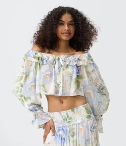 Blusa Bata Ombro a Ombro em Chiffon Floral com Babados e Amarração