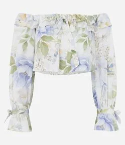 Blusa Bata Ombro a Ombro em Chiffon Floral com Babados e Amarração