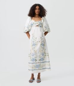 Vestido Midi Floral em Tricoline com Manga Balonê