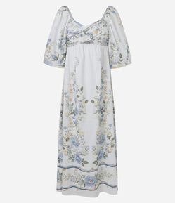Vestido Midi Floral em Tricoline com Manga Balonê
