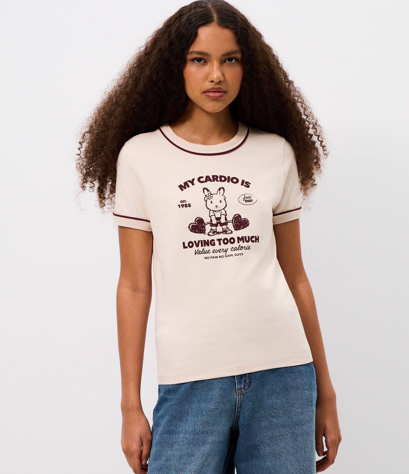 Camiseta em Algodão com Lettering My Cardio e Detalhes Contrastantes Bege 3