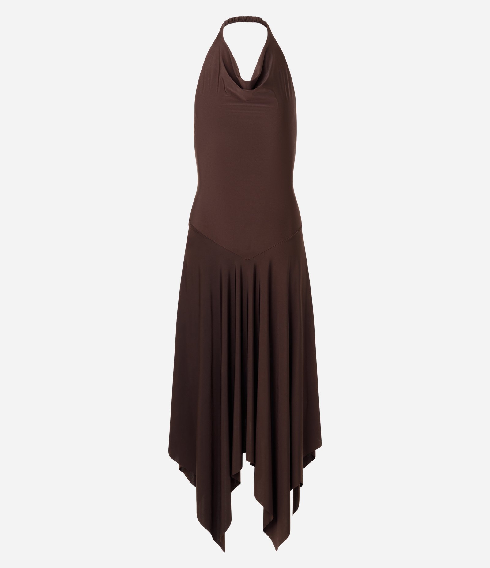 Vestido Midi em Microfibra com Decote Halter e Barra Assimétrica Marrom 5