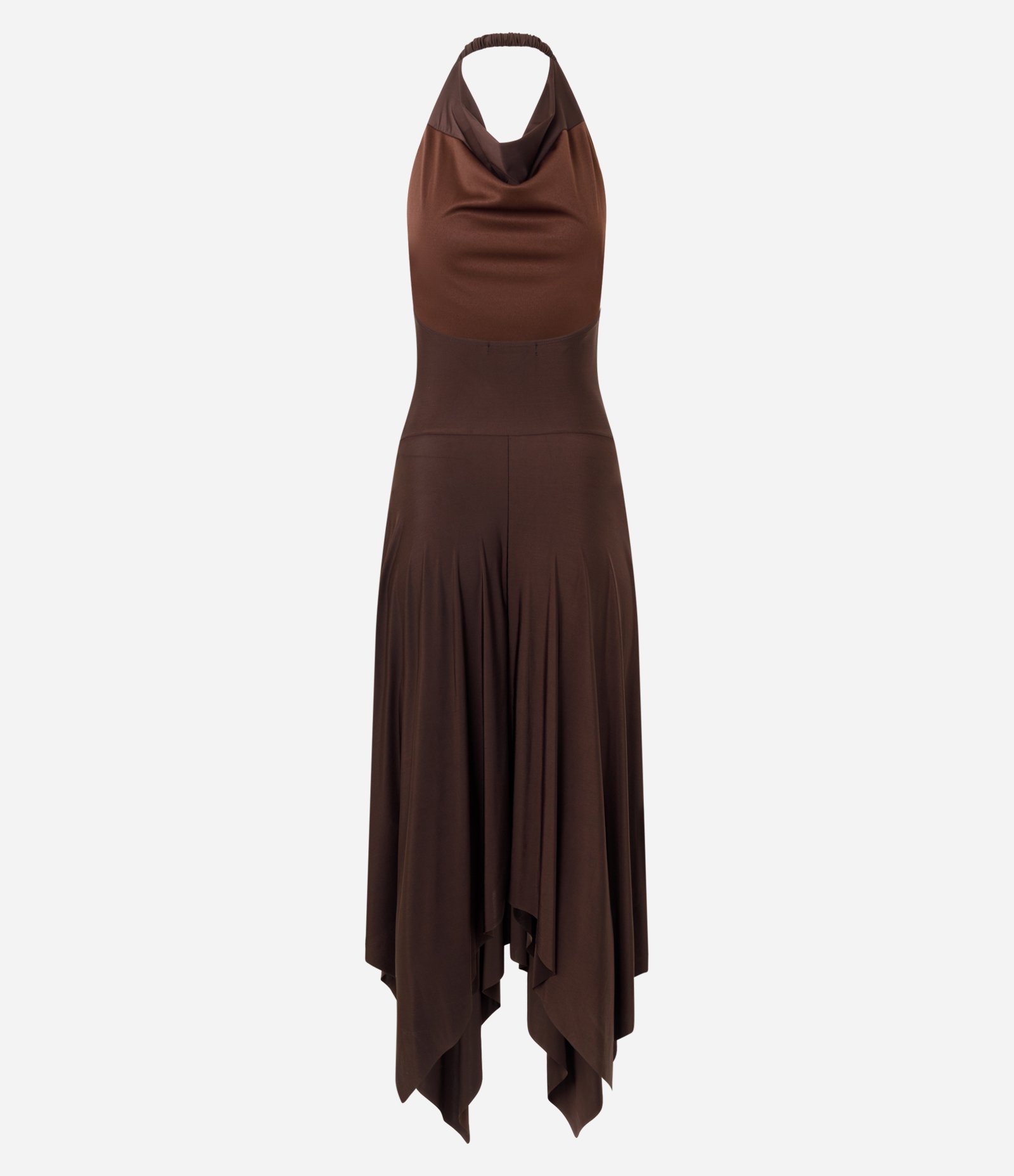 Vestido Midi em Microfibra com Decote Halter e Barra Assimétrica Marrom 6