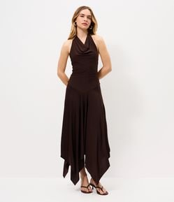 Vestido Midi em Microfibra com Decote Halter e Barra Assimétrica