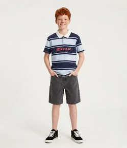 Camiseta Relaxed Infantil Listrada com Gola Polo e Lettering Star - Tam 5 a 14 Anos