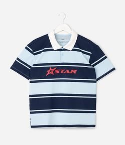 Camiseta Relaxed Infantil Listrada com Gola Polo e Lettering Star - Tam 5 a 14 Anos