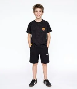 Camiseta Infantil Barcelona Textura Geométrica com Escudo Aplicado - Tam 5 a 14 Anos