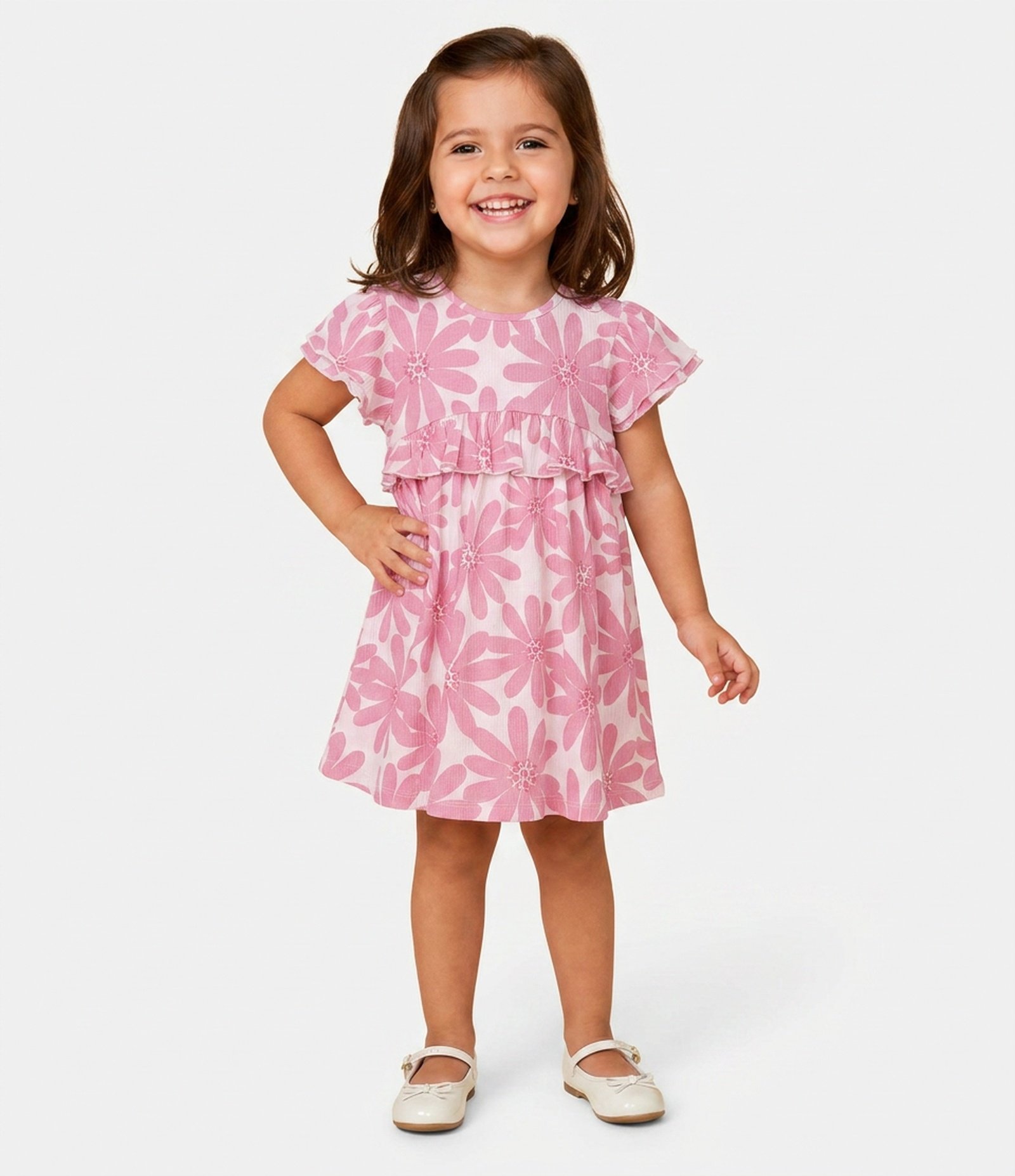 Vestido Infantil em Malha Floral com Babados – Tam 1 a 6 Anos Rosa 1