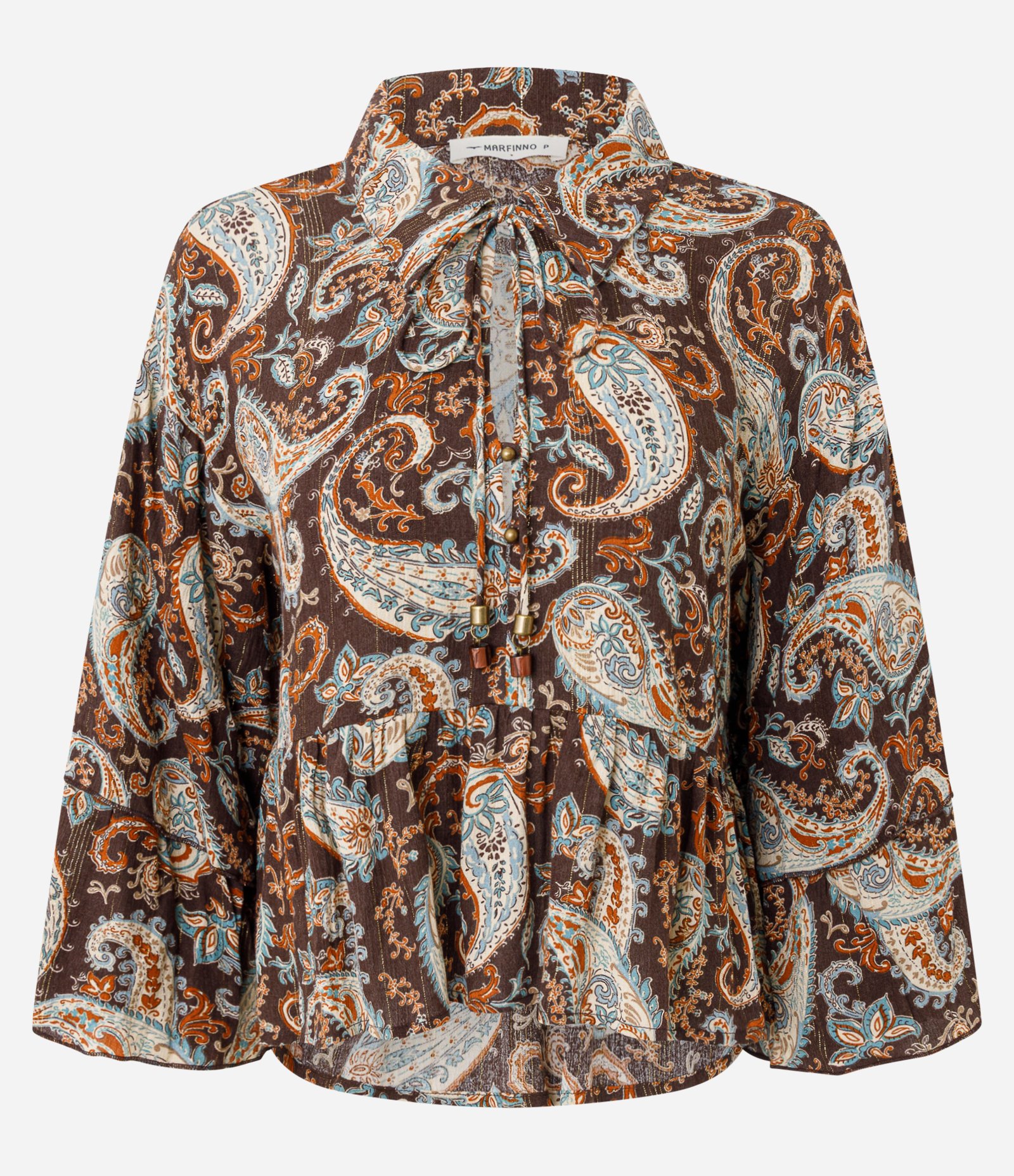 Blusa em Viscose com Babados e Estampa Paisley Marrom 5