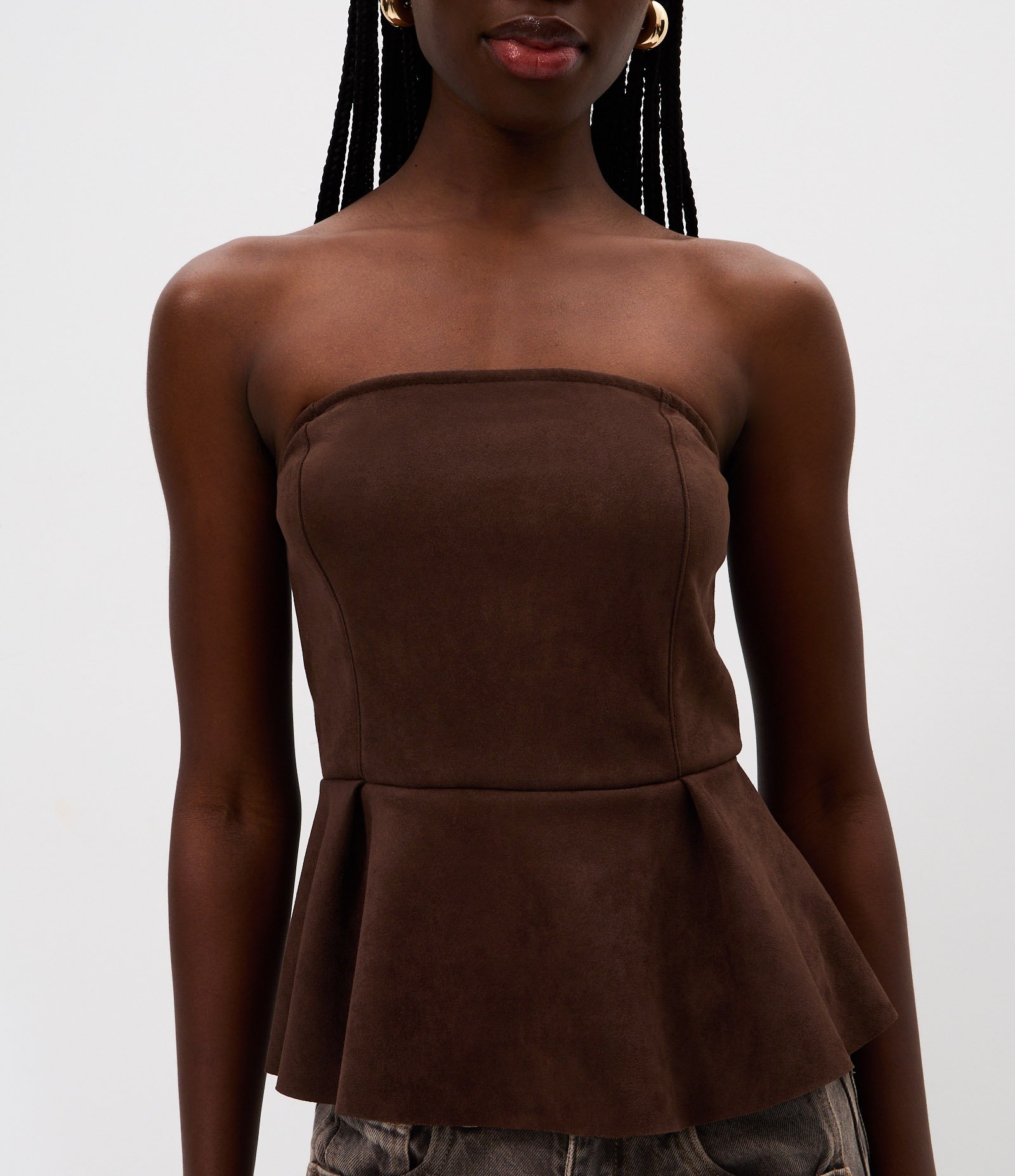 Blusa Peplum Tomara que Caia em Suede Marrom 3
