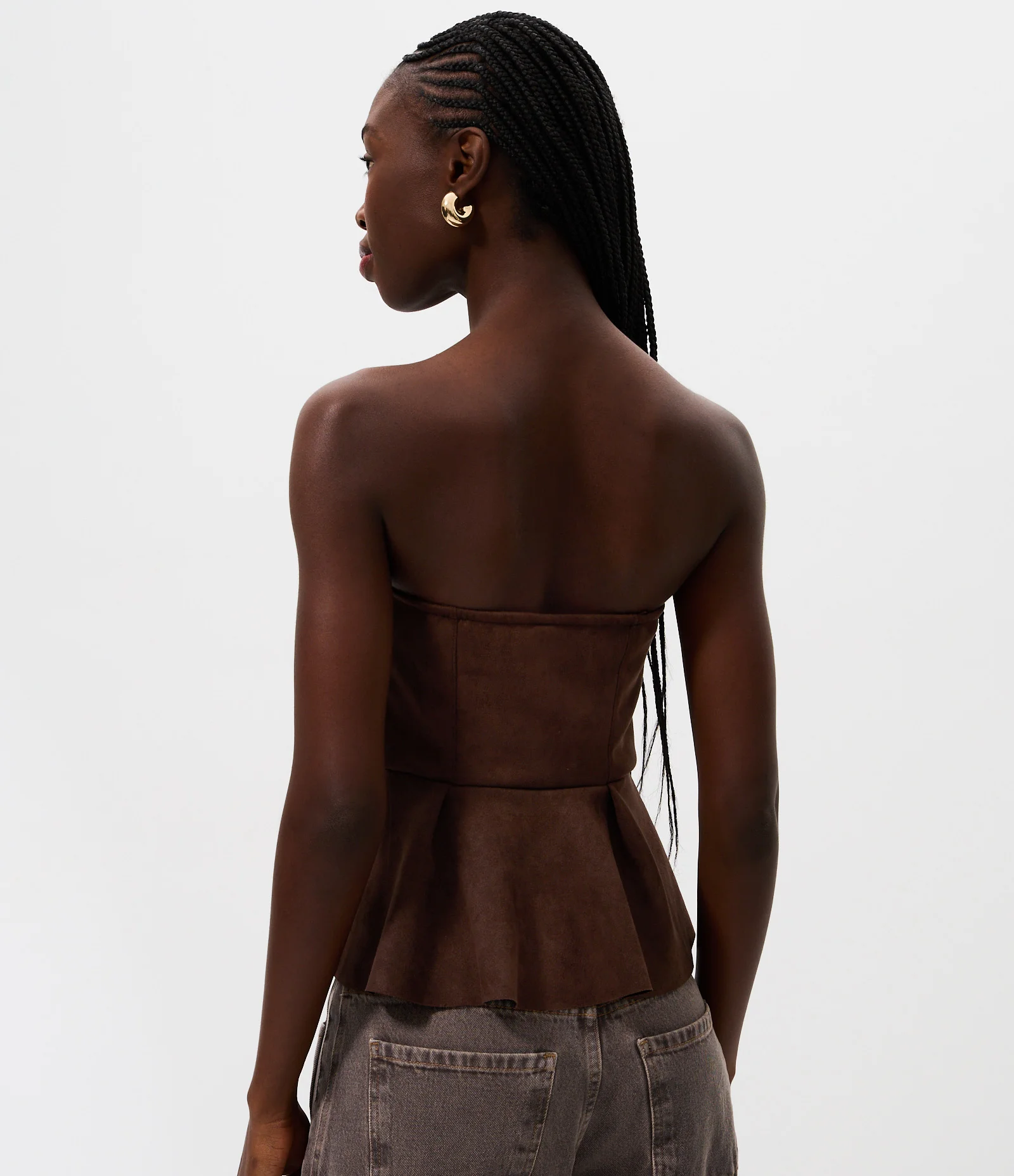 Blusa Peplum Tomara que Caia em Suede Marrom 4