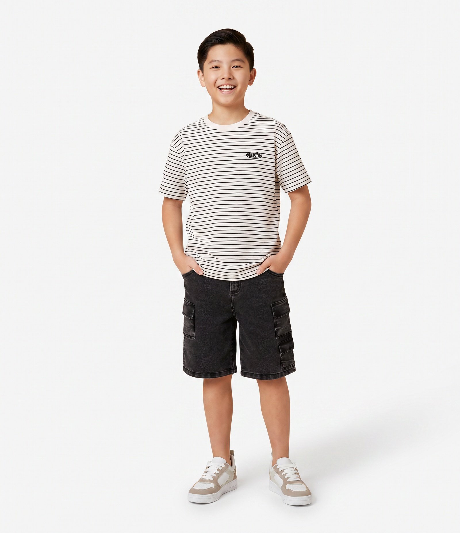 Camiseta Regular Infantil Listrado com Textura – Tam 5 a 14 Anos Preto/Branco 1