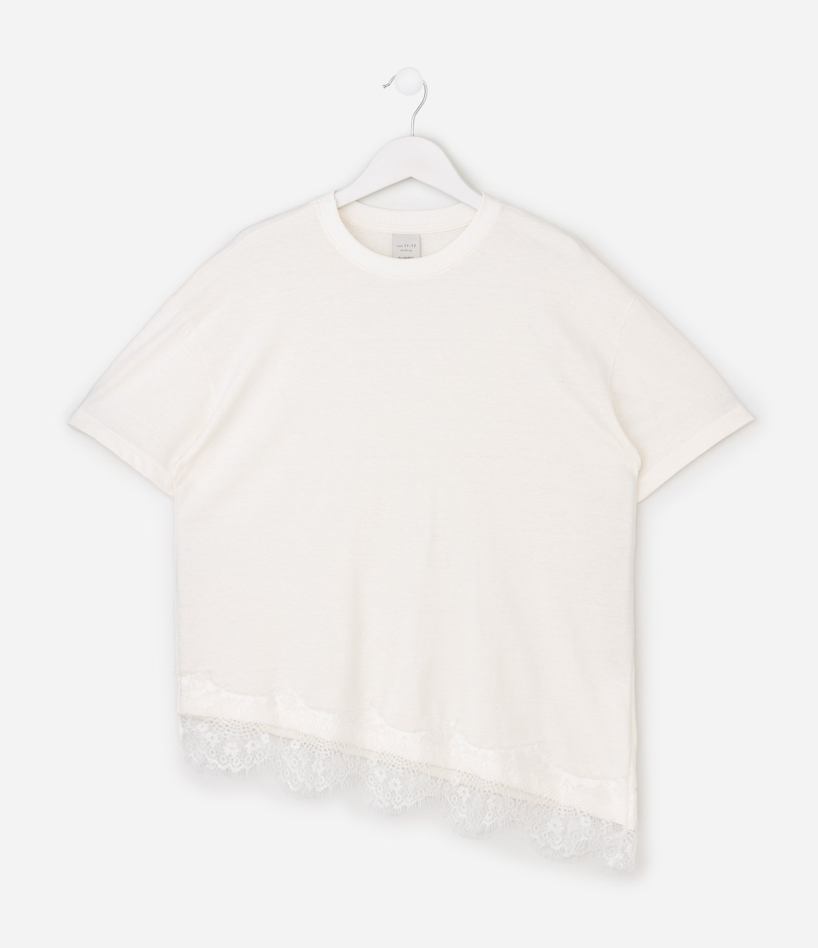 Camiseta Infantil com Barra Assimétrica e Renda – Tam 5 a 16 Anos Branco 1