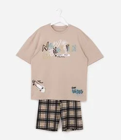 Pijama Infantil Em Algodão Accessories Estampa New Generation com Bermuda Xadrez - Tam 7 a 16 Anos
