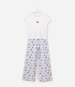 Pijama Infantil Em Algodão com Bordado de Morango - Tam 7 a 16 Anos