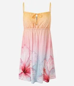 Vestido Curto Evasê Floral com Detalhes Degradê em Fio Metalizado