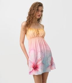 Vestido Curto Evasê Floral com Detalhes Degradê em Fio Metalizado