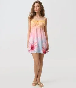 Vestido Curto Evasê Floral com Detalhes Degradê em Fio Metalizado