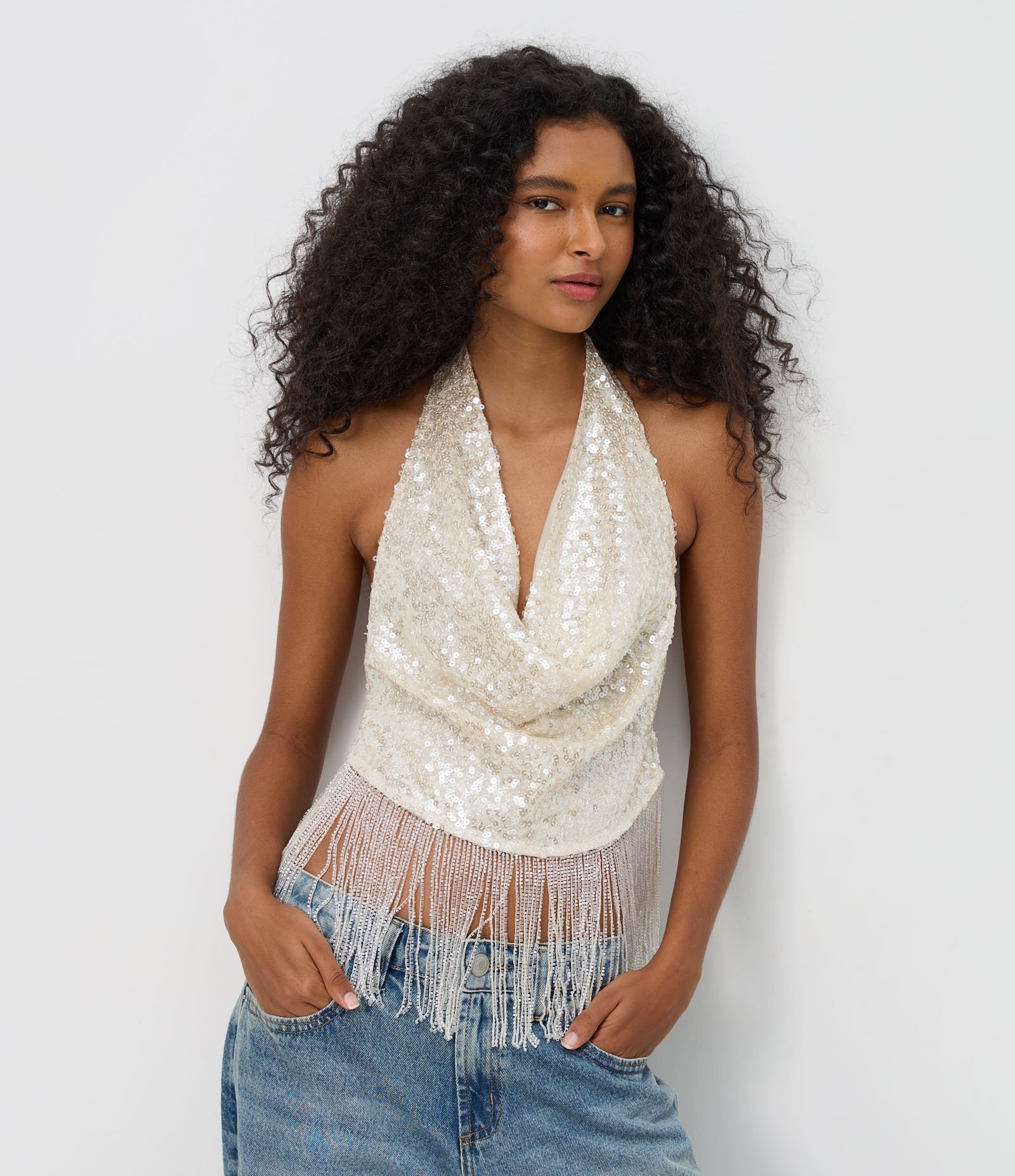 Blusa Frente Única com Paetês e Franjas Off White 1