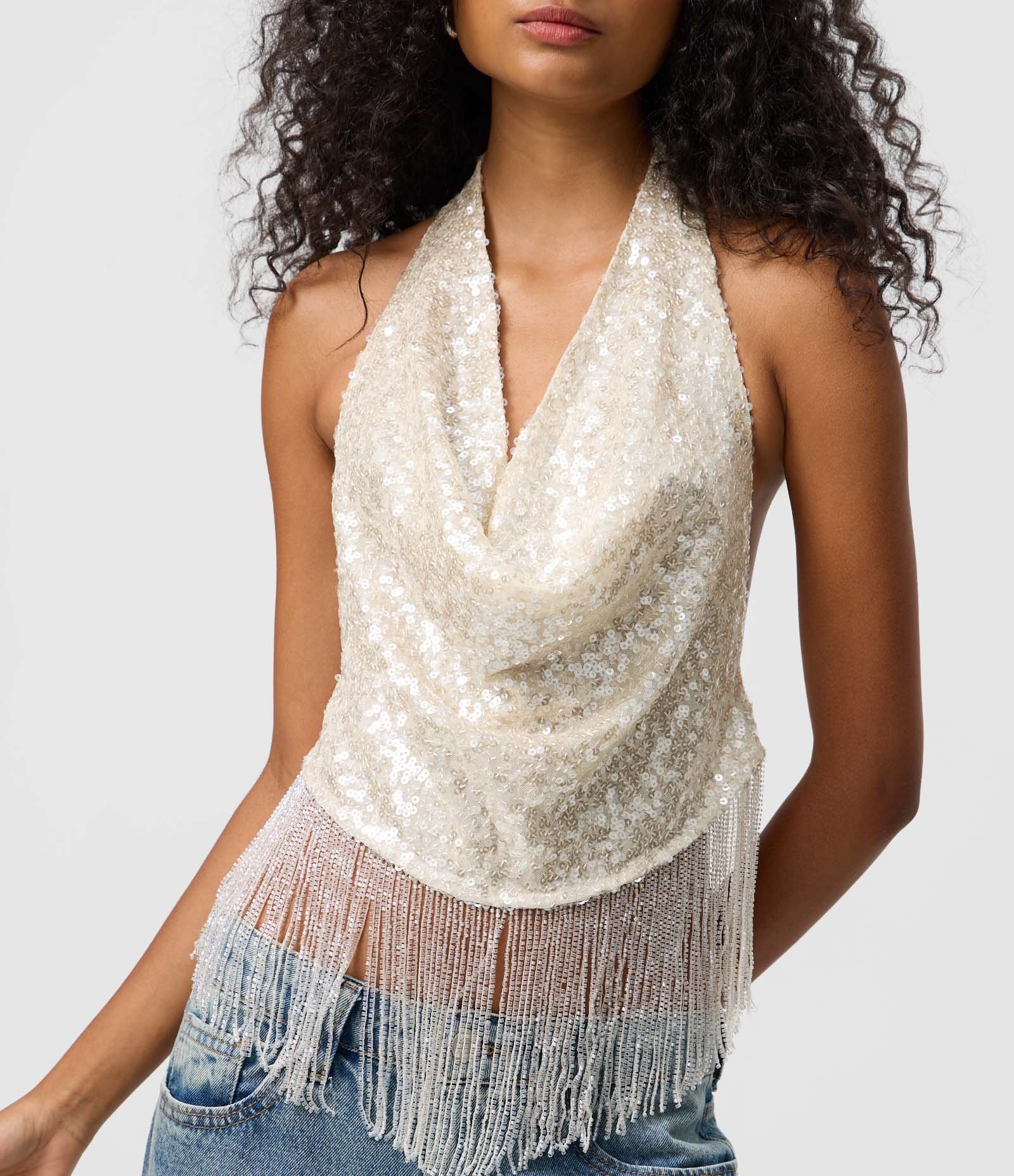 Blusa Frente Única com Paetês e Franjas Off White 2