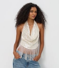 Blusa Frente Única com Paetês e Franjas