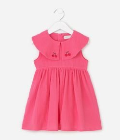 Vestido Infantil em Algodão com Bordados de Cereja na Gola - Tam 1 A 6 Anos