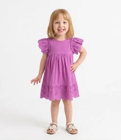 Vestido Infantil Em Algodão Manga com Broderie e Barra Bordada - Tam 1 a 6 Anos