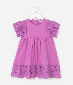 Vestido Infantil Em Algodão Manga com Broderie e Barra Bordada - Tam 1 a 6 Anos