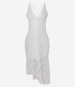 Vestido Midi Assimétrico em Renda com Paetês e Decote V