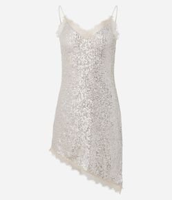 Vestido Assimétrico em Tule com Paetês e Detalhes em Renda