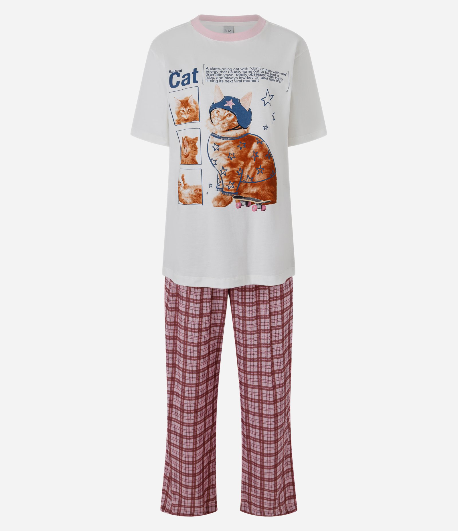 Pijama Regular em Algodão com Estampa Gato com Capacete Branco 1