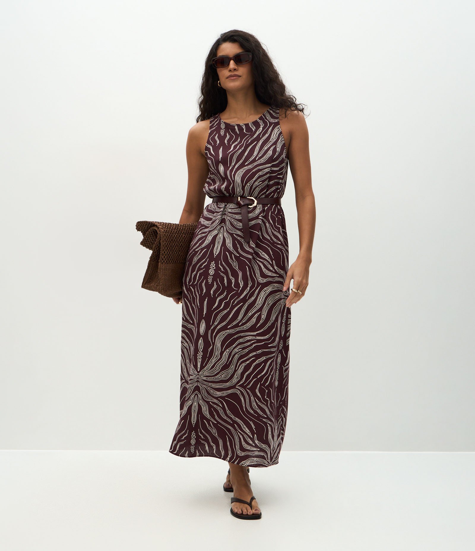 Vestido Midi em Viscolinho com Estampa Orgânica Marrom 1
