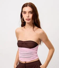Blusa Tomara que Caia em Tule com Franzidos Estilo Redinha e Decote Coração