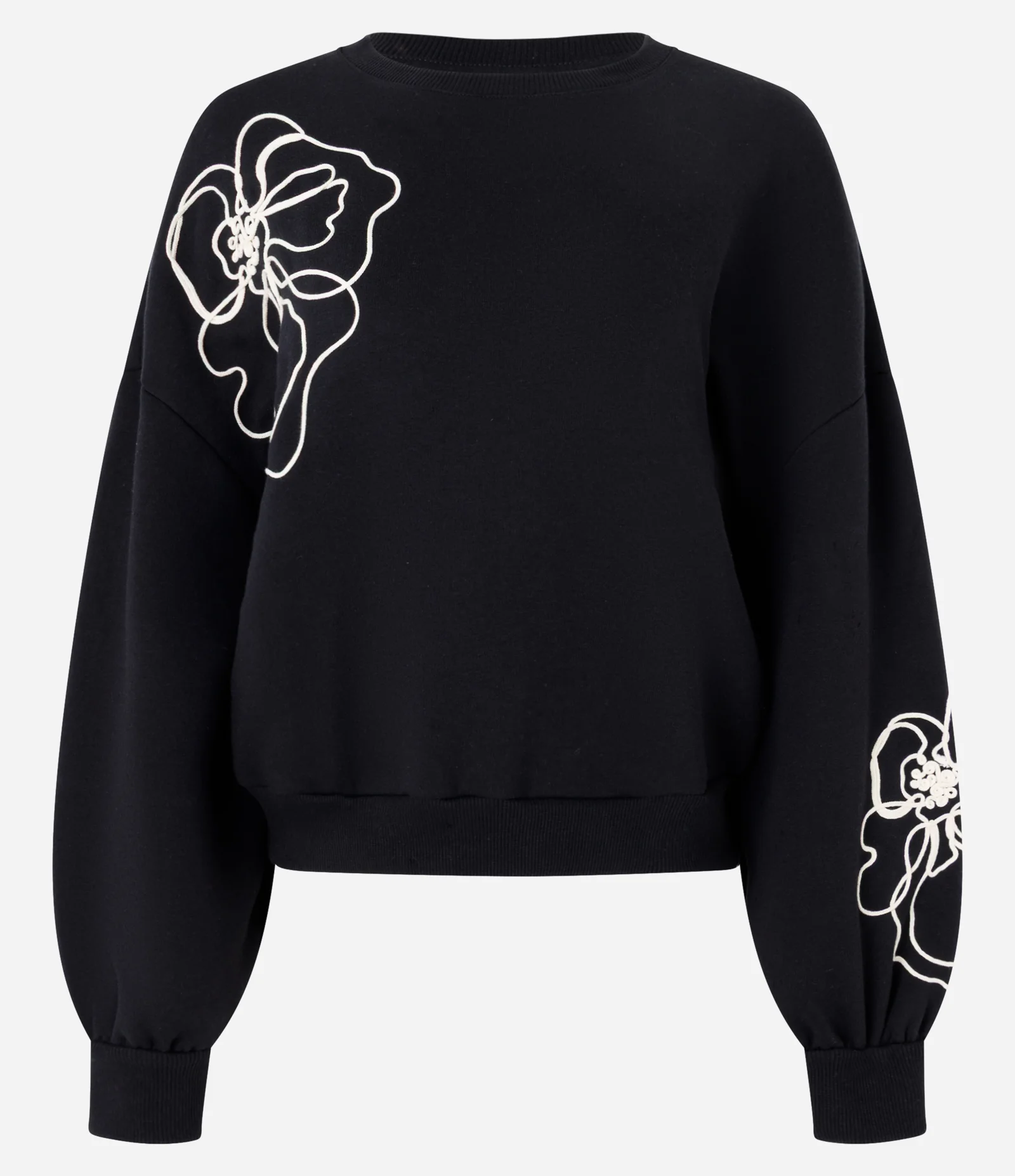 Casaco Regular em Moletom com Bordado Floral Preto 1