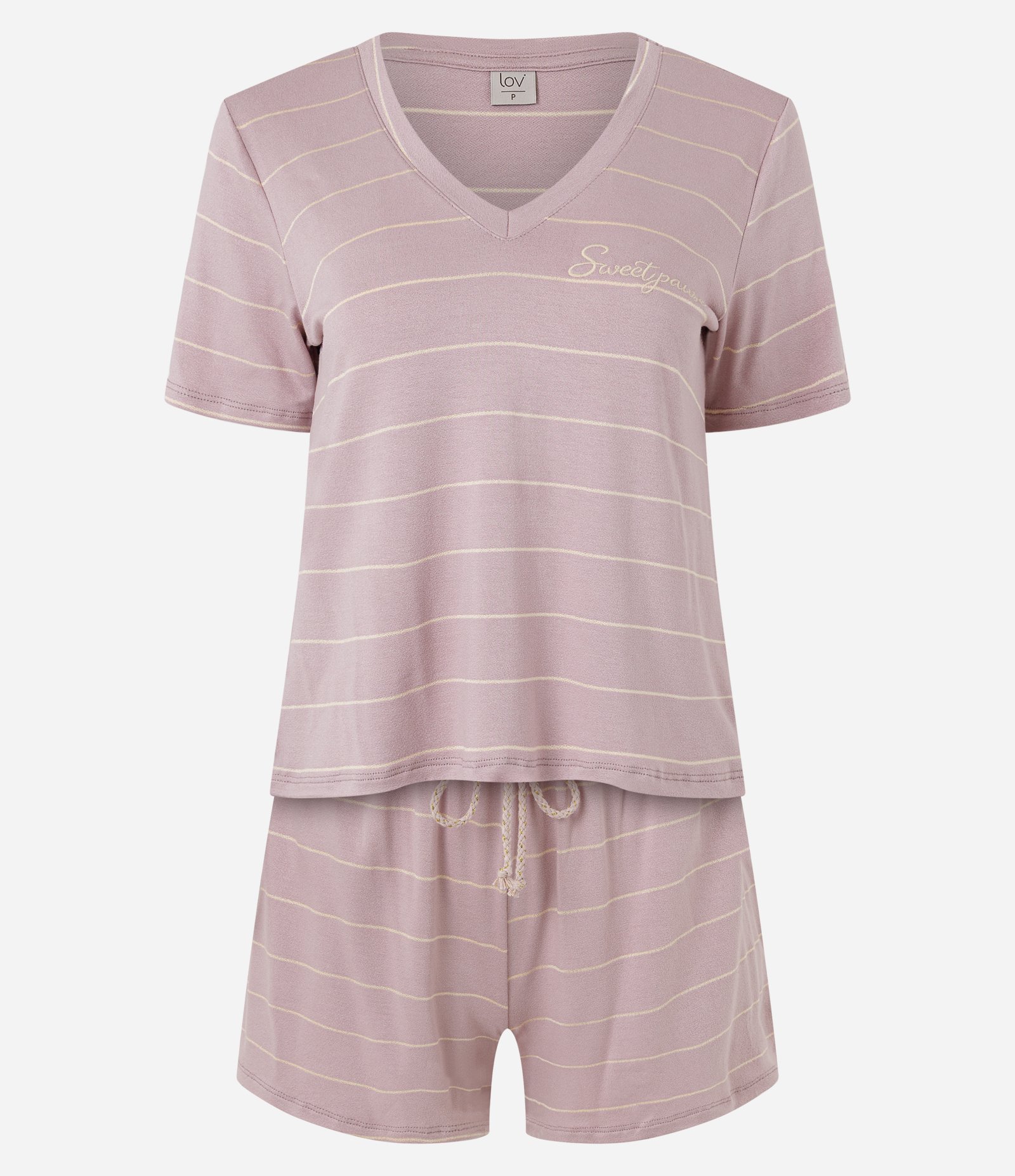 Pijama Curto em Viscolycra com Estampa Listrada e Fio Metalizado Rosa 1