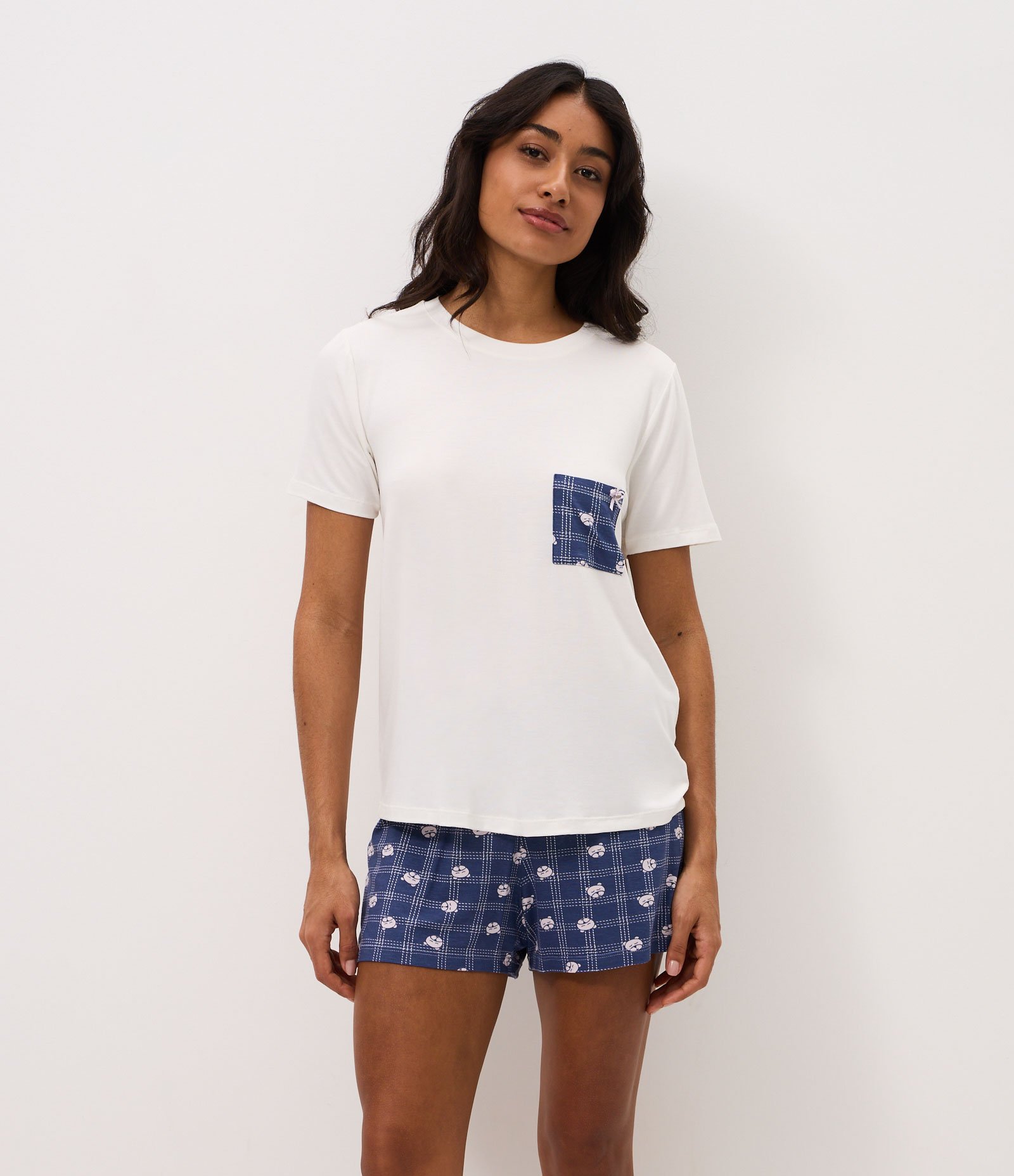Pijama Curto em Viscolycra com Estampa de Urso Branco/Azul 1