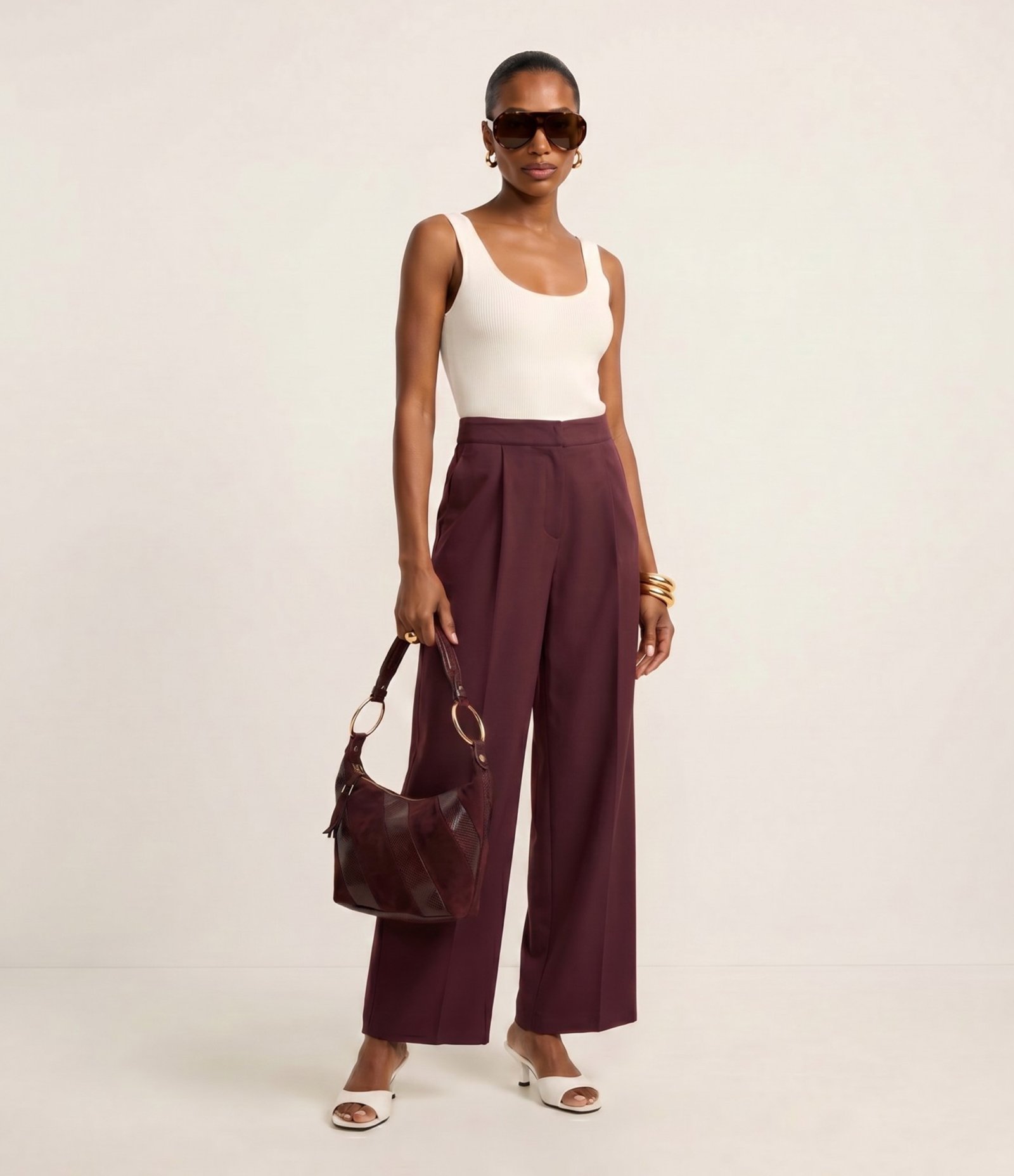 Calça Wide Leg em Viscolinho com Cós Alfaiatado Vinho 1