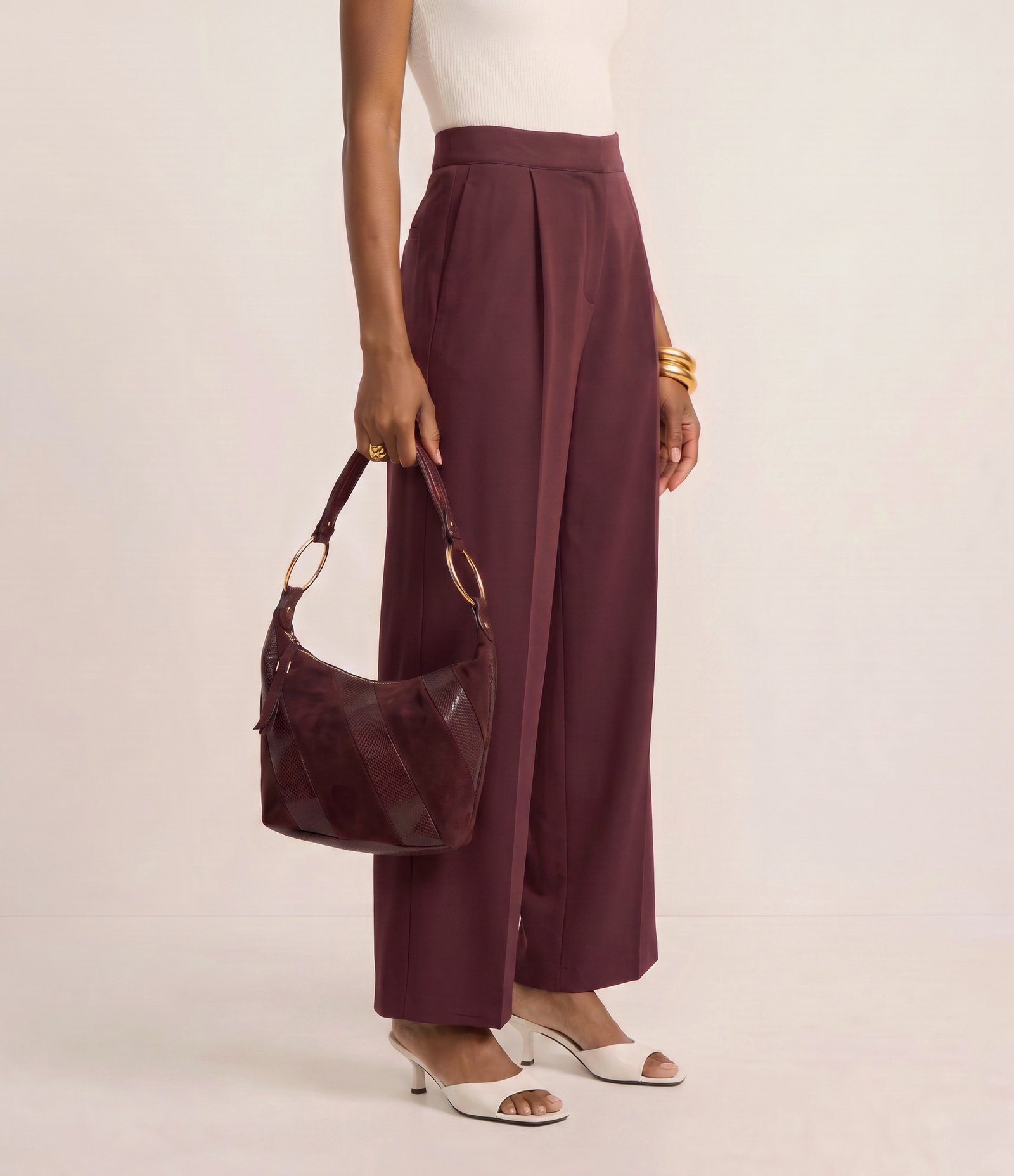 Calça Wide Leg em Viscolinho com Cós Alfaiatado Vinho 2